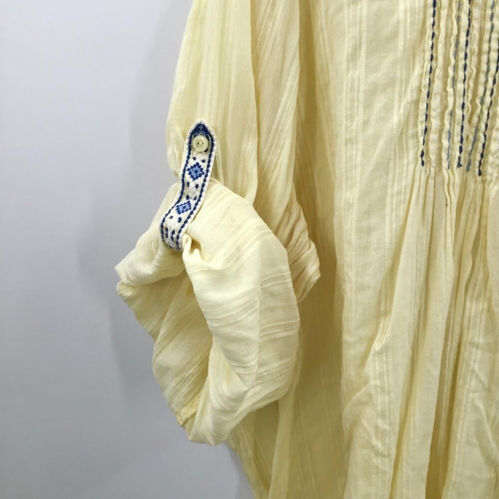 Gauzy Lemon Yellow Boho Top 32W Cotton Jacquard Embroidered Roll Tab Semi-Sheer - Picture 12 of 15
